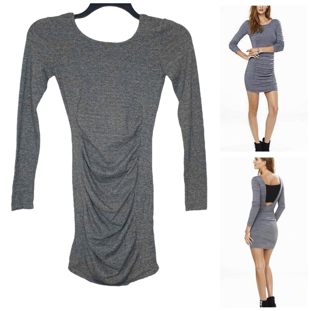 Express Bodycon Dress XS Ruched Long Sleeve Marled Gray Stretch Womens